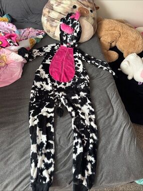 Celebrate It Black-and-White Cow Print Footie with Bright Pink Hood Panel